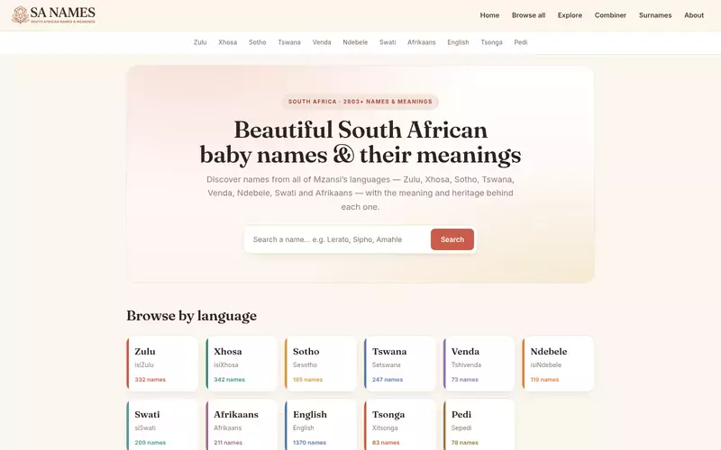 SA Names website screenshot